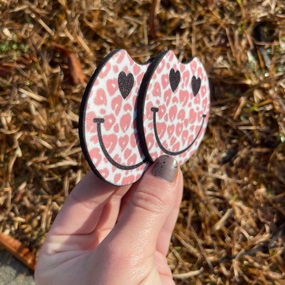 Pink Smiley Face Car Coaster Set - Picture 4 of 13